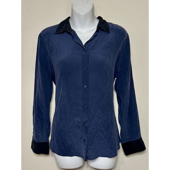 Uniqlo 100% Silk Navy Blue & Black Button Down Blouse Top Size L EUC!!! - Picture 1 of 4